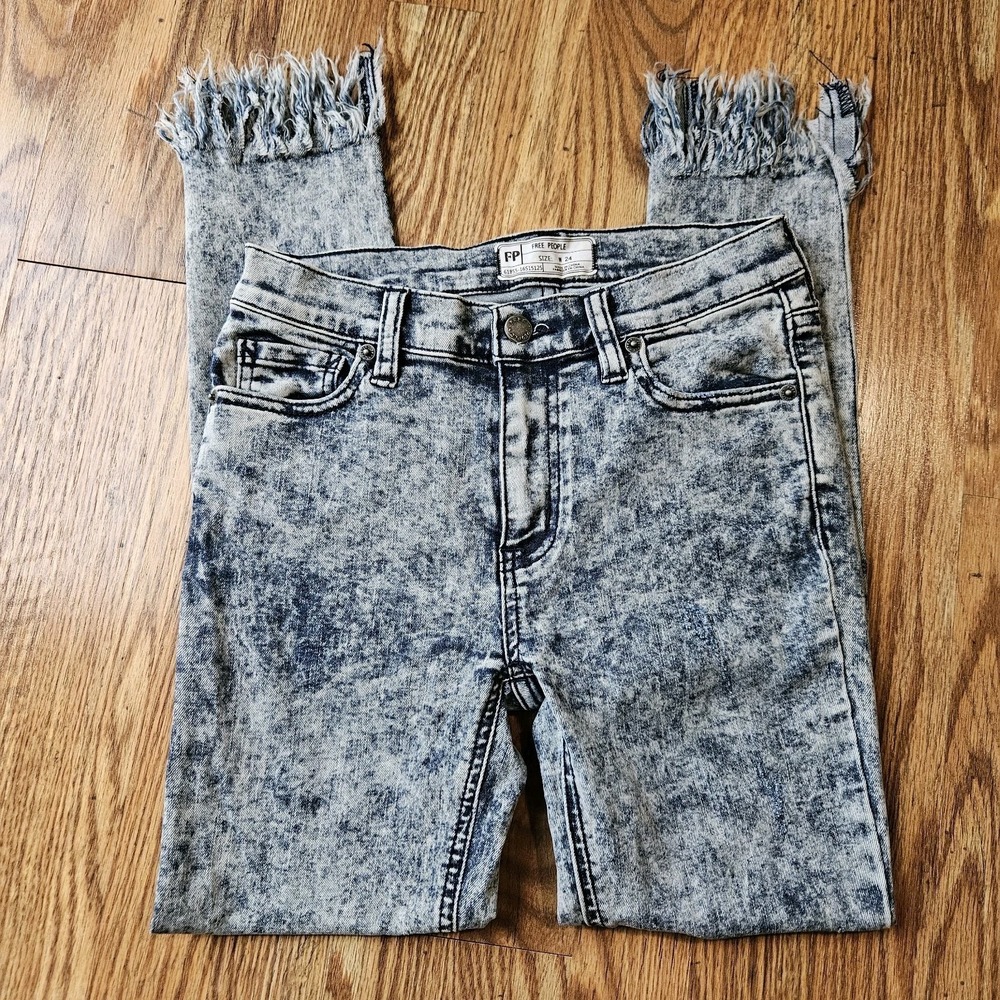 Free People Raw Hem Skinny Jeans Women Blue Acid Wash Stretch Size‎ 24